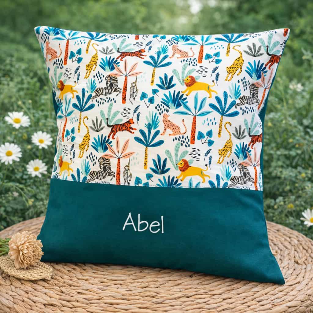 Coussin enfant personnalise abel avec motif jungle colore et animaux sauvages broderie blanche sur tissu vert canard