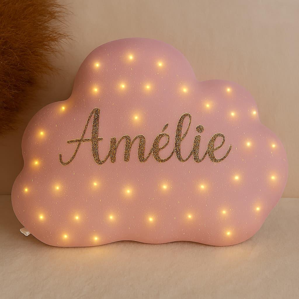 Coussin led lumineux avec le prenom amelie couleur vieux rose