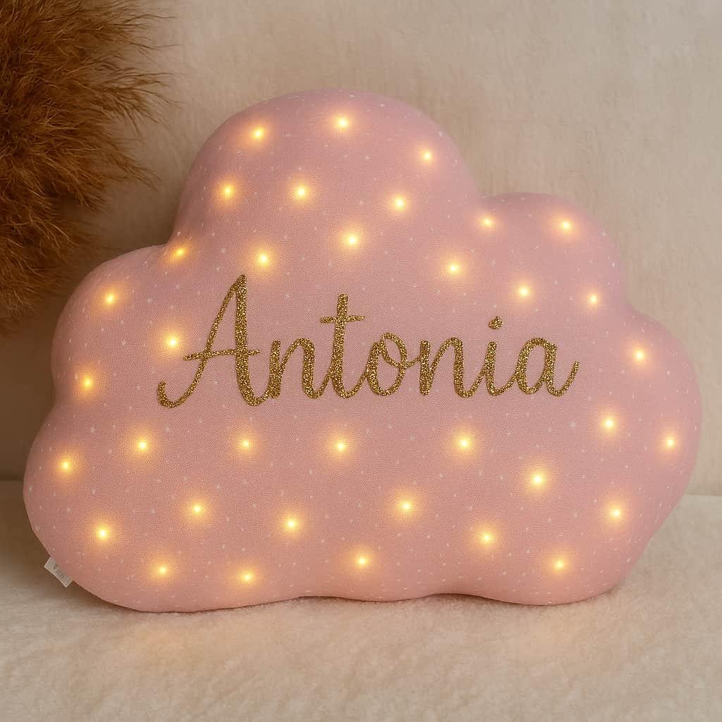 Coussin led personnalise avec le prenom antonia couleur vieux rose