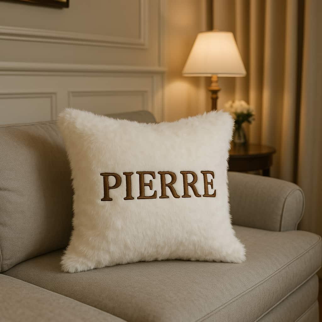 Coussin moelleux blanc casse personnalise avec le prenom pierre brode en marron