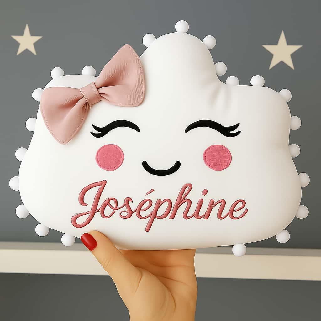 Coussin nuage avec des yeux et des joues rose personnalise avec le prenom josephine