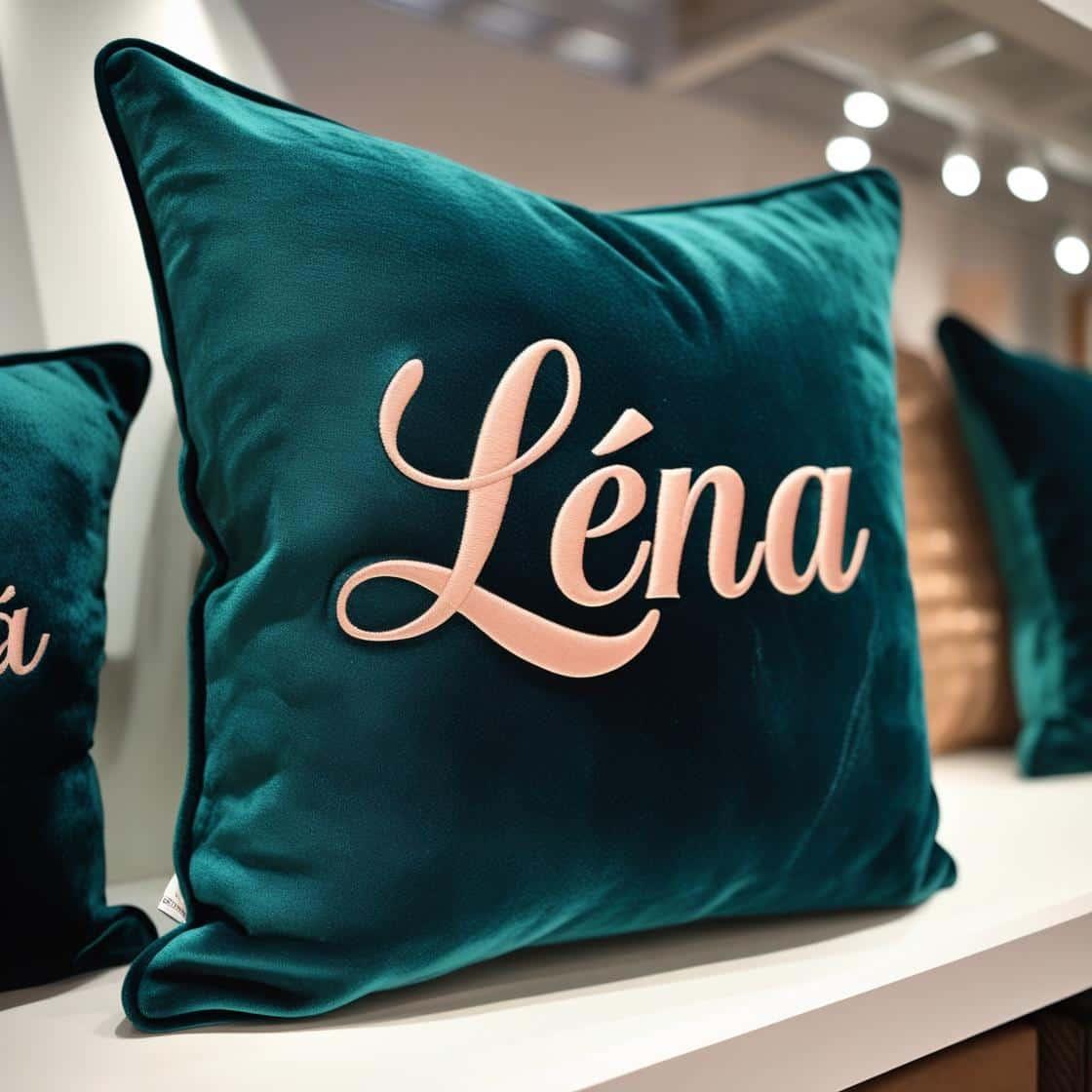 Coussin personnalise avec le prenom lena effet velours dans un magasin de deco