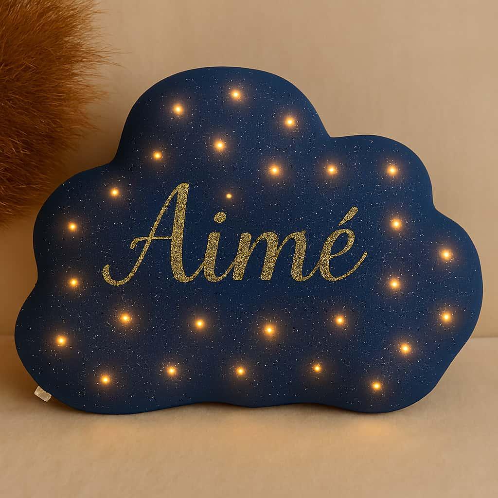 Coussin personnalise led avec le prenom aime couleur bleu nuit