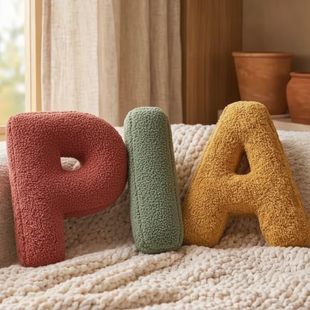 Coussins décoratifs en forme de lettres P I A posés sur un plaid crème