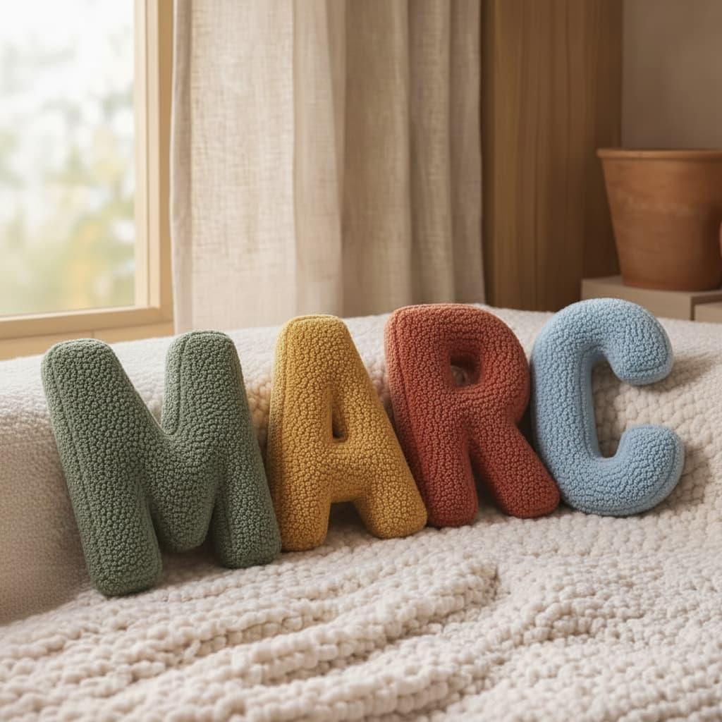 Coussins lettres plusieurs couleurs formant le prénom Marc
