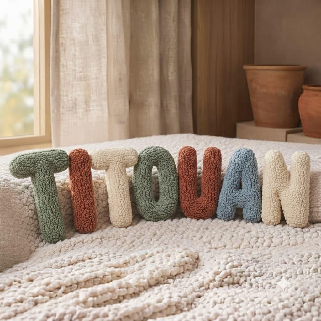 Coussins lettres décoratifs formant le prénom Titouan