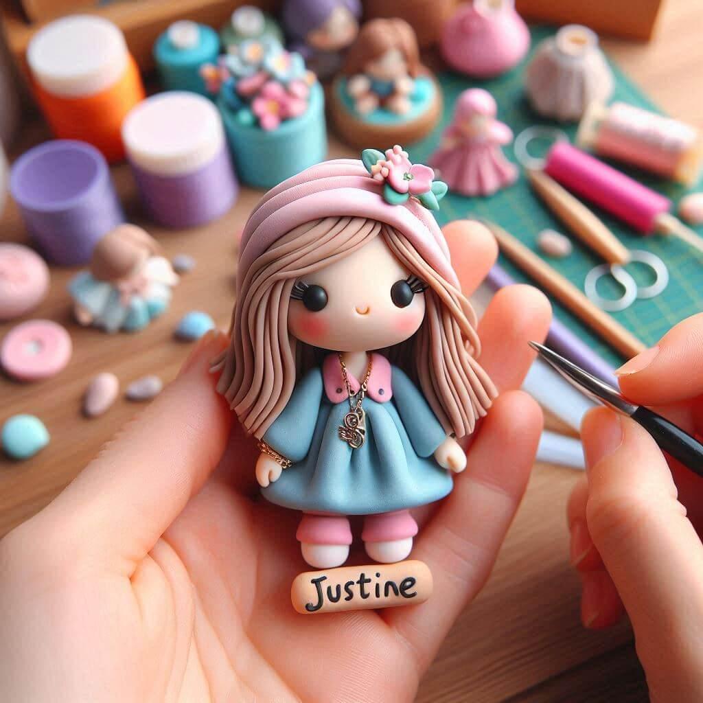 Creation artisanale figurine petite fille en fimo personnalisee avec le prenom justine