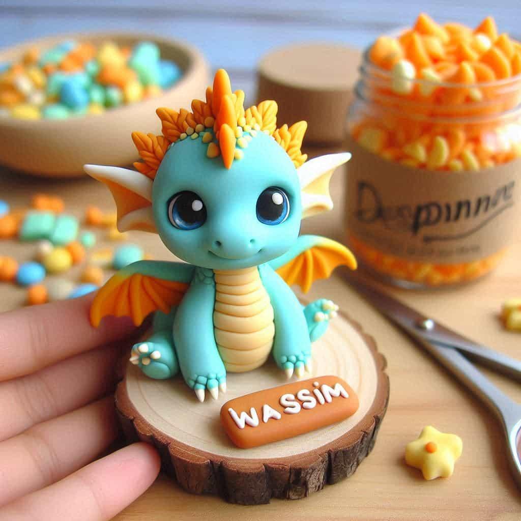 Creation artisanale petit dragon en fimo personnalise avec le prenom wassim
