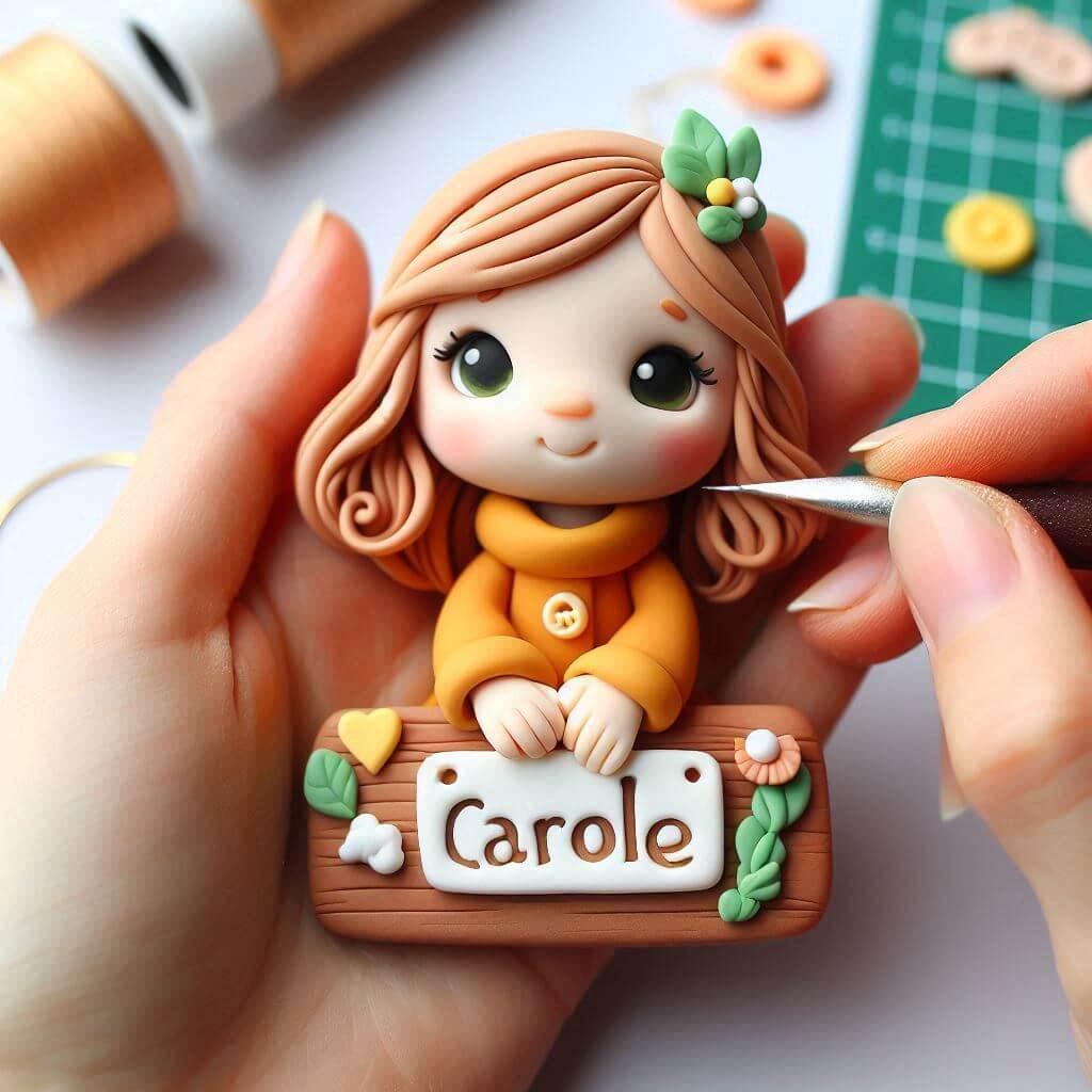 Creation artisanale petite fille en fimo avec le prenom carole