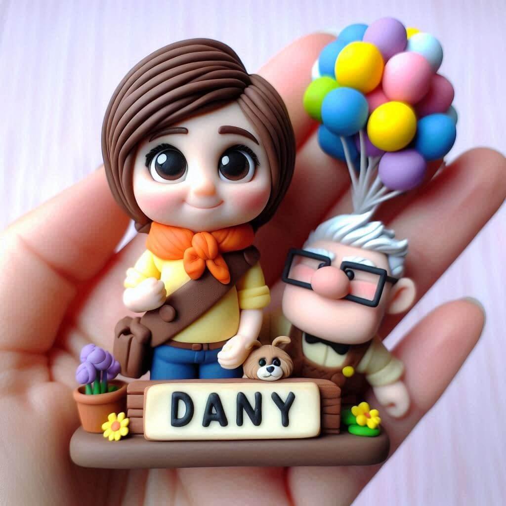 Creatione en fimo sur le theme du dessin anime la haut avec le prenom dany