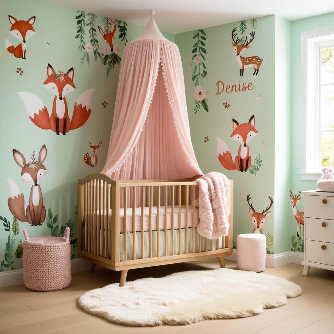 Cree une chambre bebe theme animaux de la foret personnalise avec le prenom denise 1