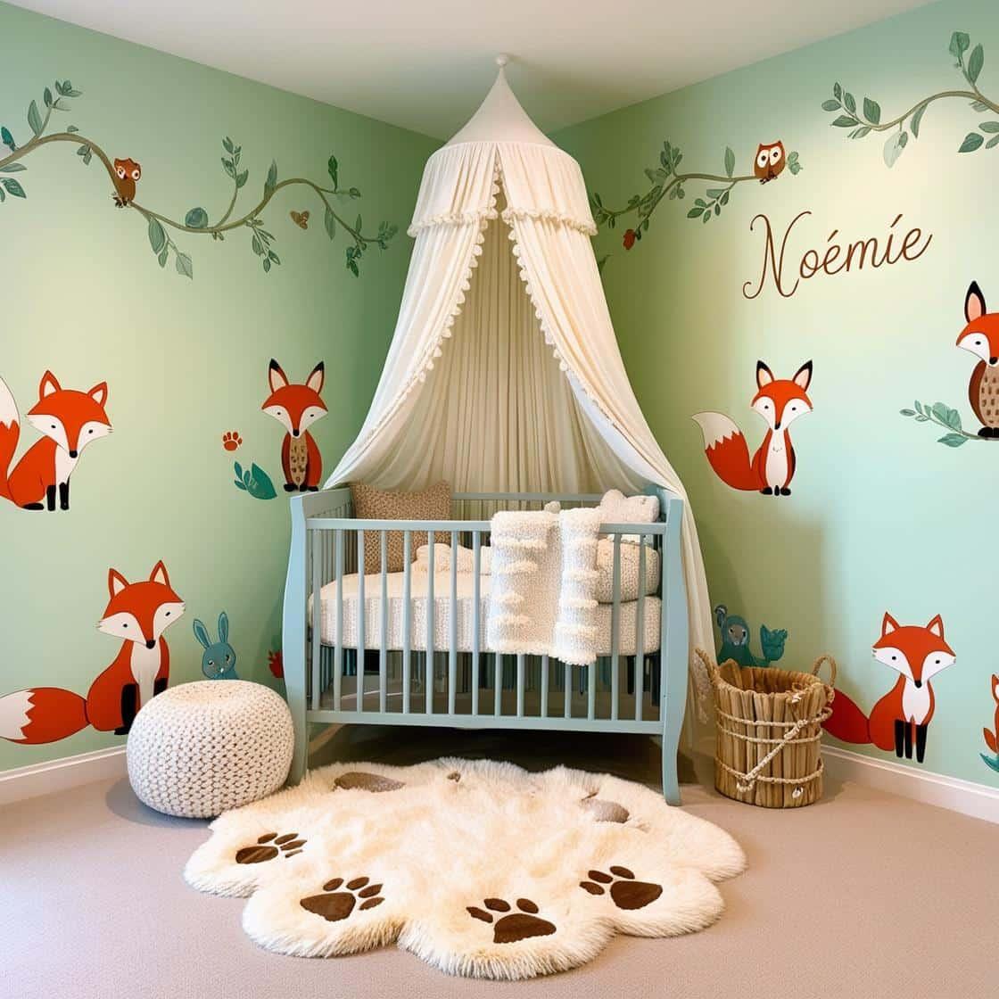 Cree une chambre bebe theme animaux de la foret personnalise avec le prenom noemie 1