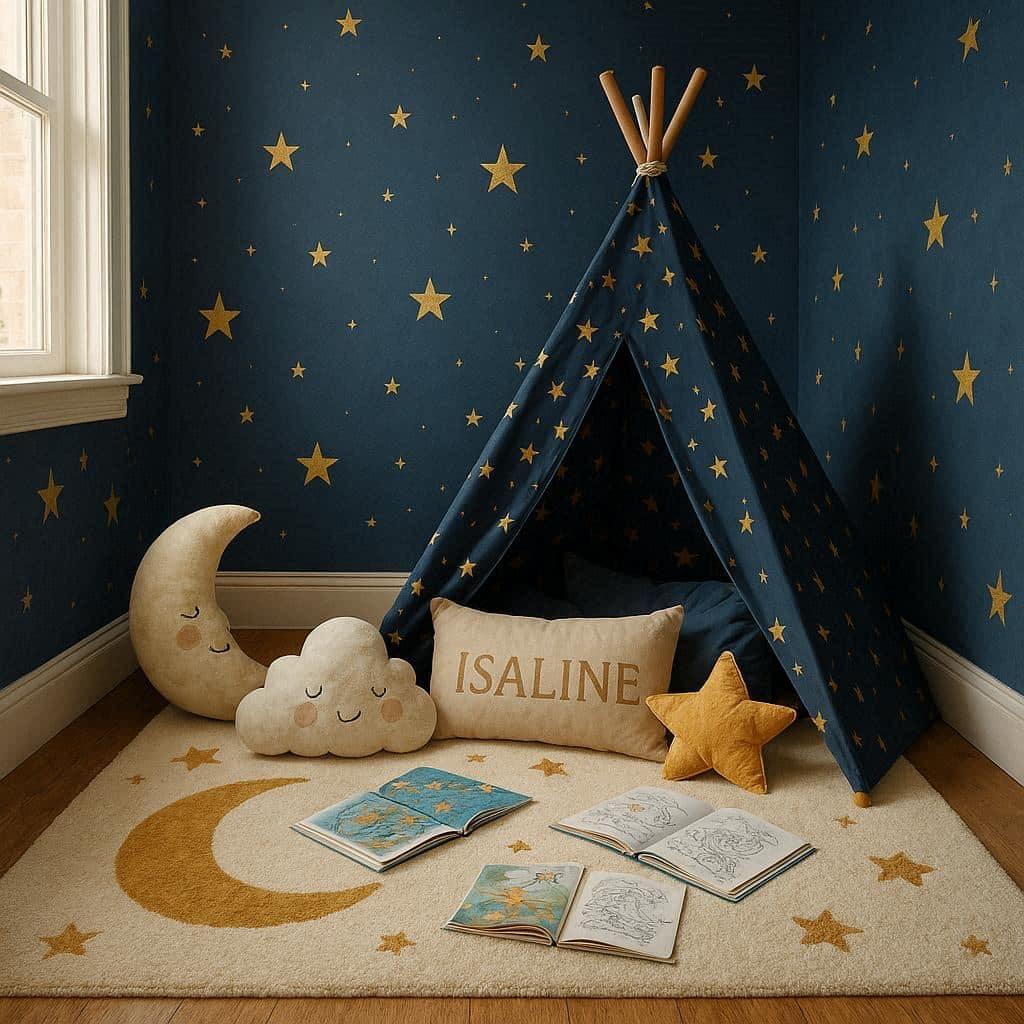 Deco chambre enfant theme ciel etoile prenom isaline coin jeu avec lecture