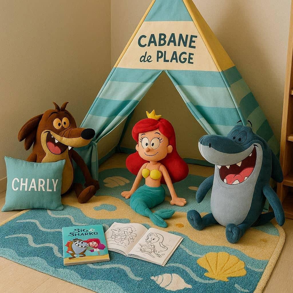 Deco chambre zig et sharko enfant prenom charly, avec tipi, livre, tapis et peluche marina, peluche sharko, peluche zig