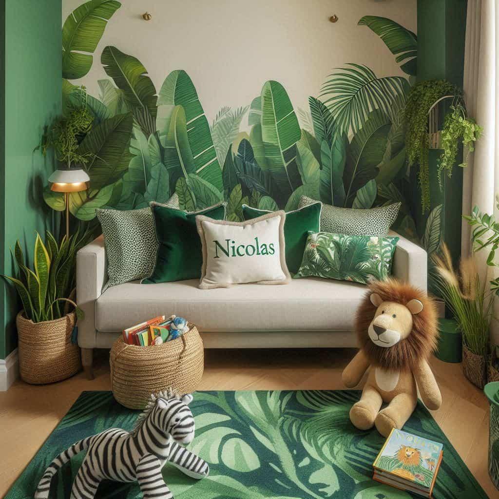Décoration de chambre enfant thème jungle avec coin lecture et prénom Nicolas personnalisé