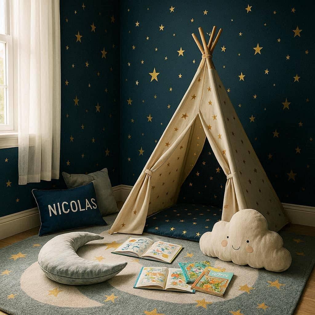 Coin lecture chambre enfant thème nuit étoilée avec tipi, tapis, peluches et décoration personnalisée au prénom Nicolas