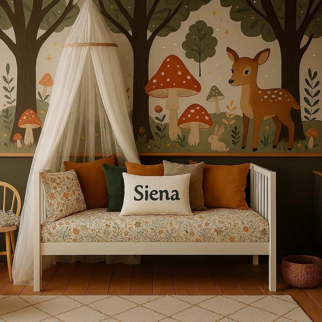Deco de chambre enfant theme champignons et faon prenom siena lit avec ciel de lit decoration tendance et inspirante
