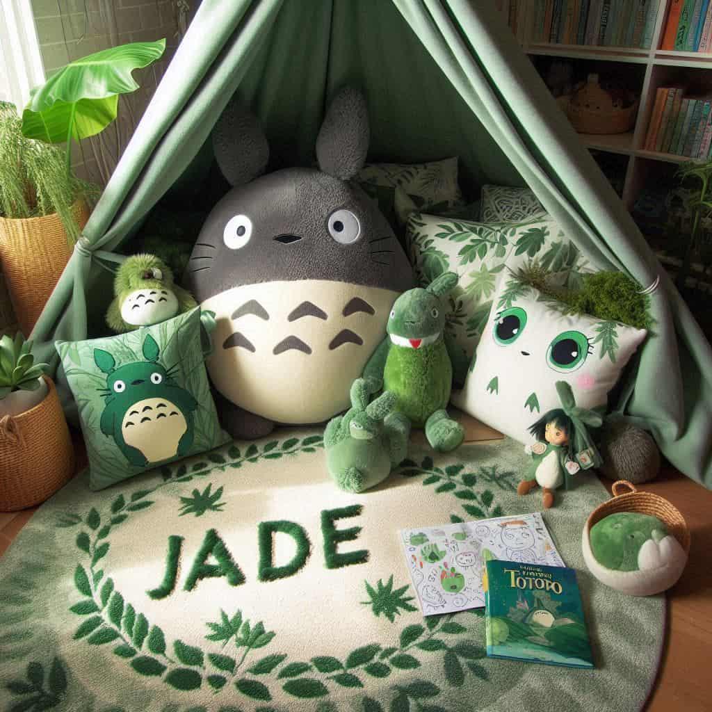 Deco de chambre enfant theme totoro personnalisee avec le prenom jade tipi coussin tapis tons verts