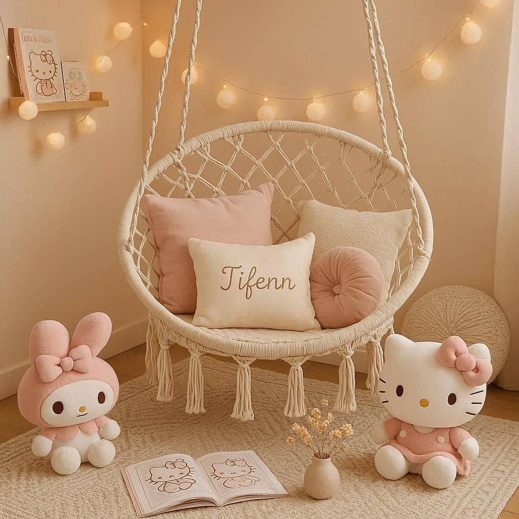 Deco de chambre hello kitty avec siege hamac prenom tifenn brode sur le coussin espace de jeu zen pour enfant