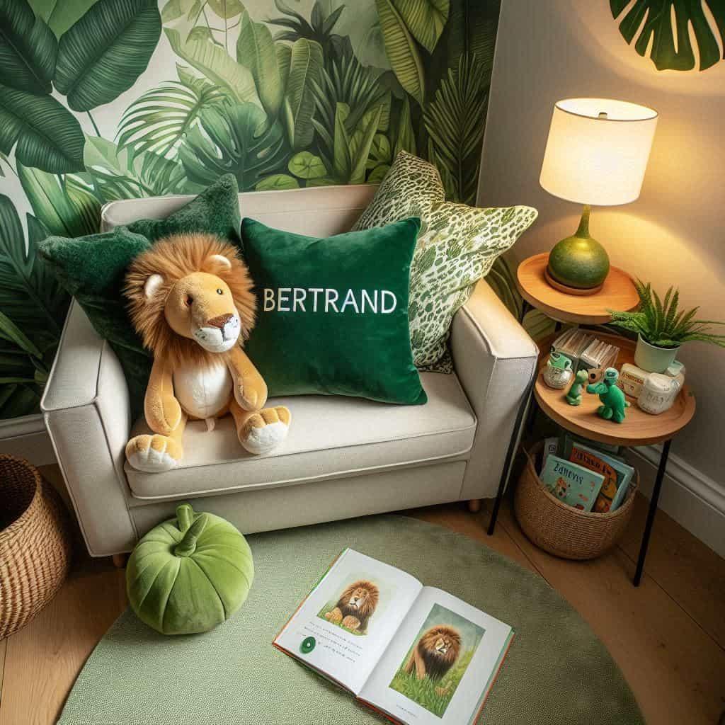 Deco jungle pour chambre d enfant avec coin lecture personnalise avec le prenom bertrand