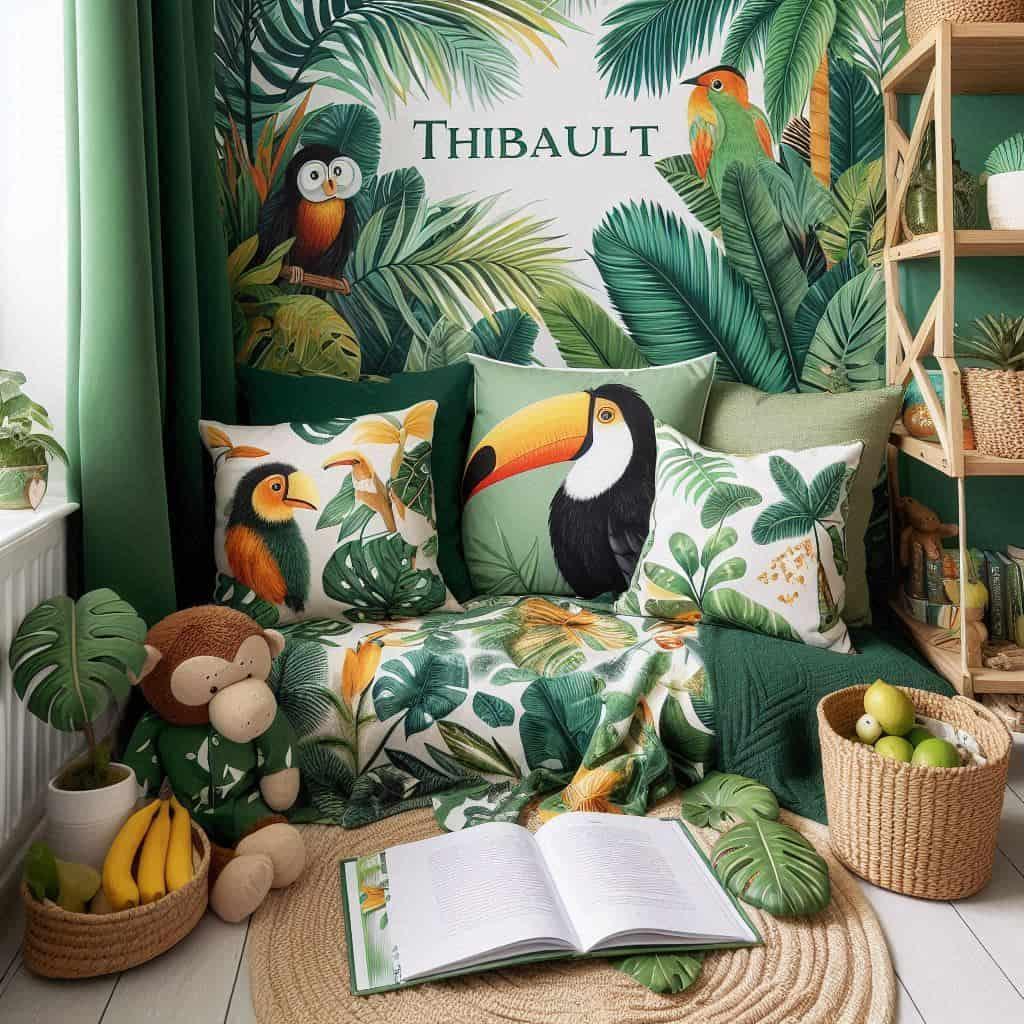 Deco jungle tropicale petit canape coin lecture avec coussin prenom thibault