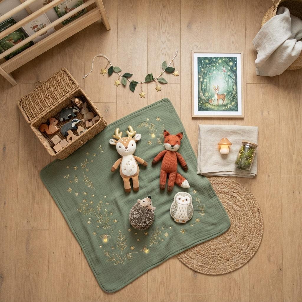 Decor foret enchantee avec peluches animaux des bois plaid vert et accessoires naturels