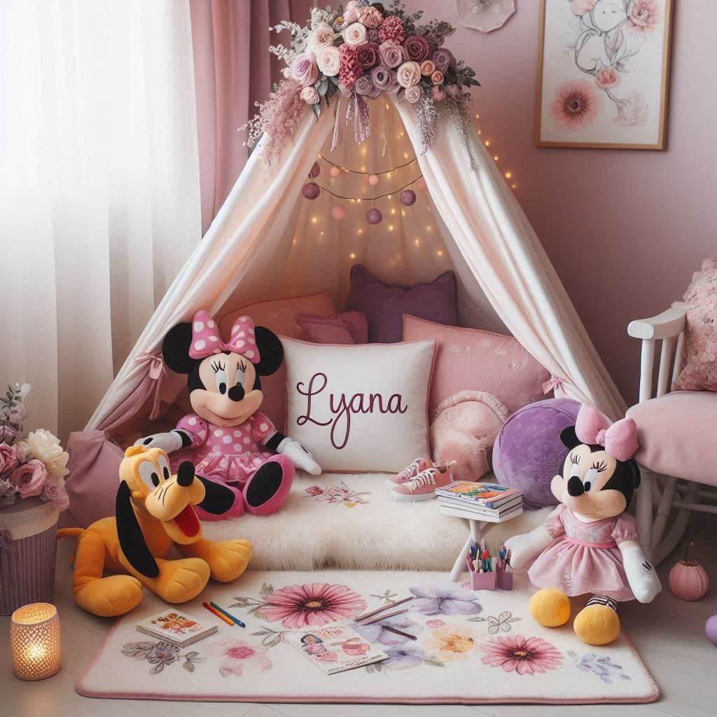 Decoration chambre enfant coin lecture theme minnie avec le prenom lyana