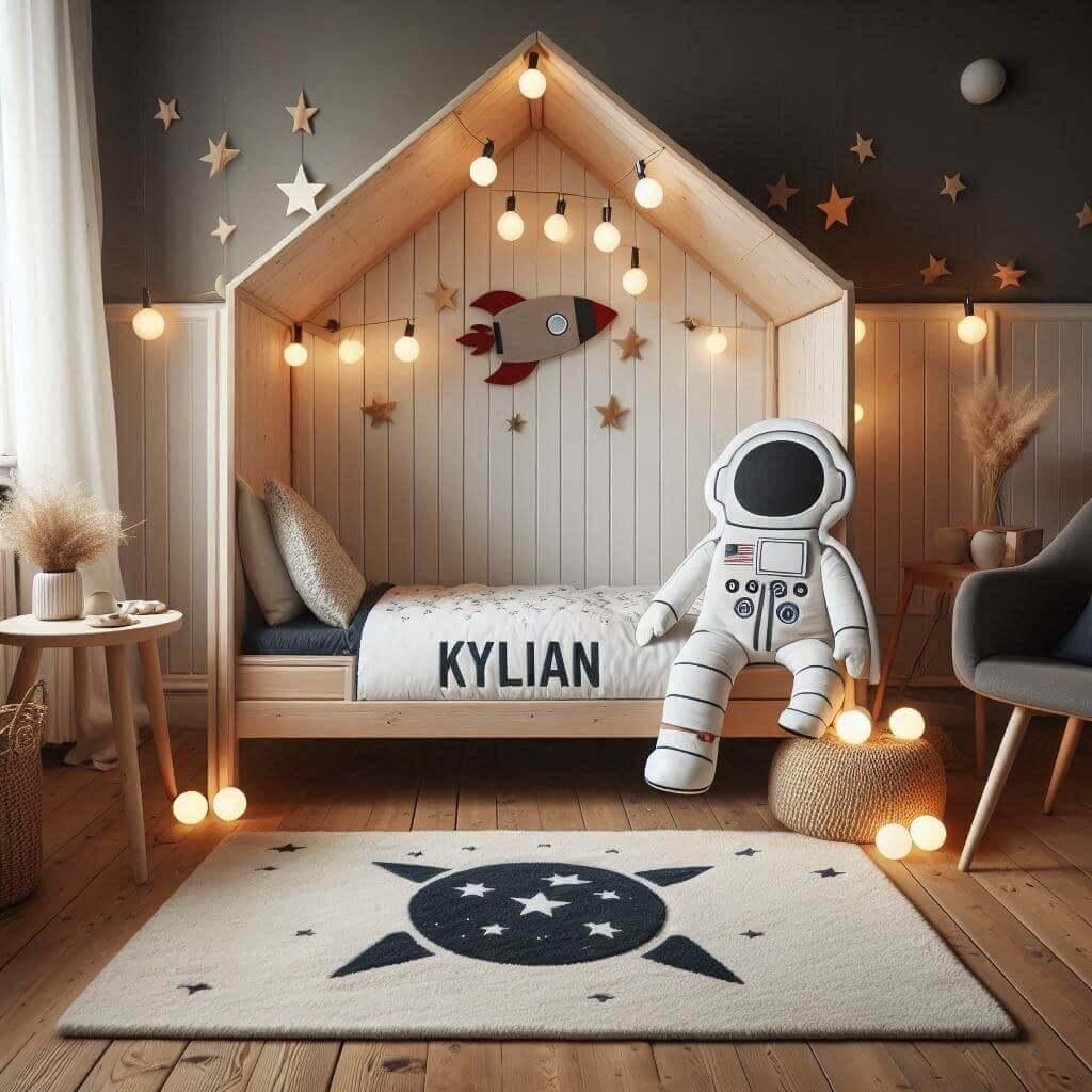 Decoration chambre enfant theme astronaute avec lit cabane avec le prenom kylian