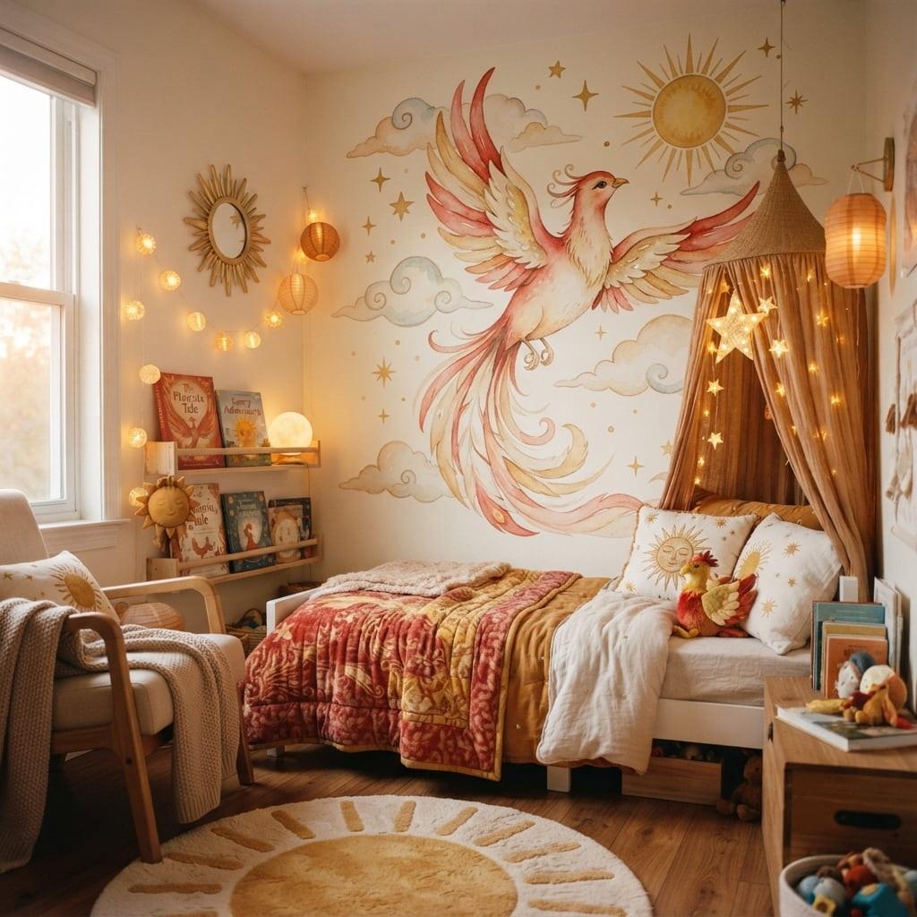 Decoration chambre enfant theme phenix design interieur magique avec peinture murale aquarelle couleurs or et rouge style conte mythique 1