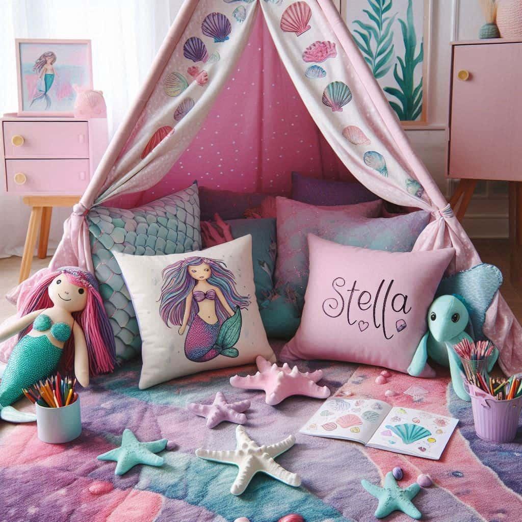 Decoration chambre fille theme sirene tons roses violet turquoise prenom stella