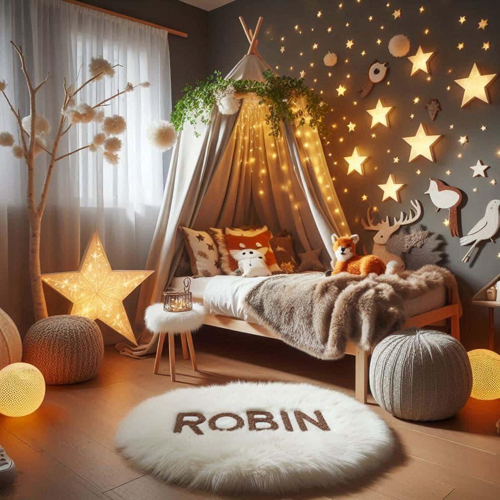 Decoration chambre foret enchantee personnalisee avec le nom robin