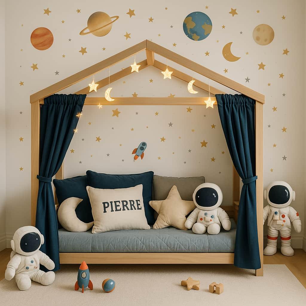 Decoration chambre petit garcon personnalise avec le prenom pierre theme planete et astronaute lit cabane peluche astronaute