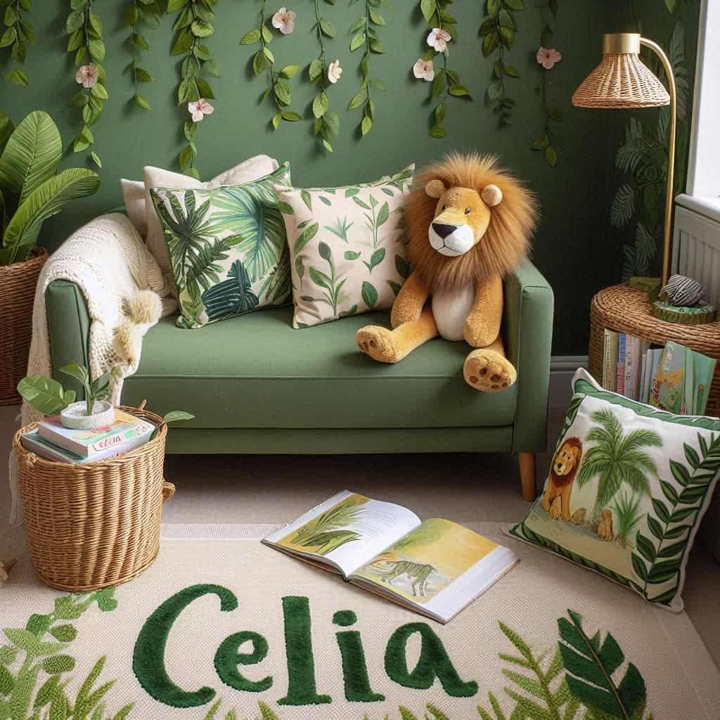 Decoration coin detente pour chambre theme jungle au nom de celia canape et livres