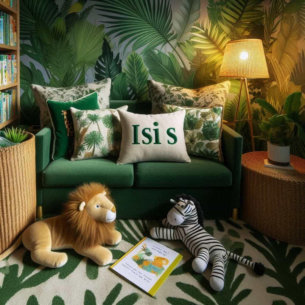 Decoration coin lecture et detente theme jungle personnalise avec le prenom isis