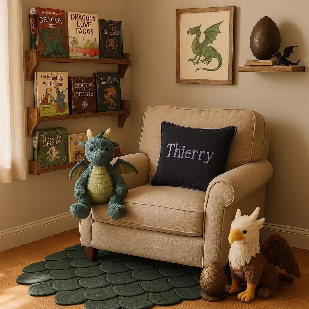 Decoration coin lecture feerique pour un espace detente fauteuil peluche dragon peluche aigle ambiance magique coussin personnalise avec le prenom thierry