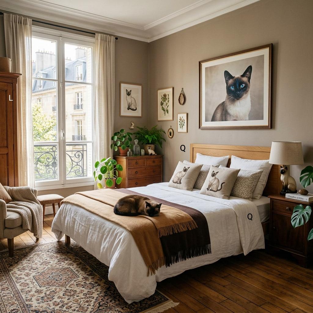 Decoration d interieur elegante theme chat siamois dans une chambre lumineuse