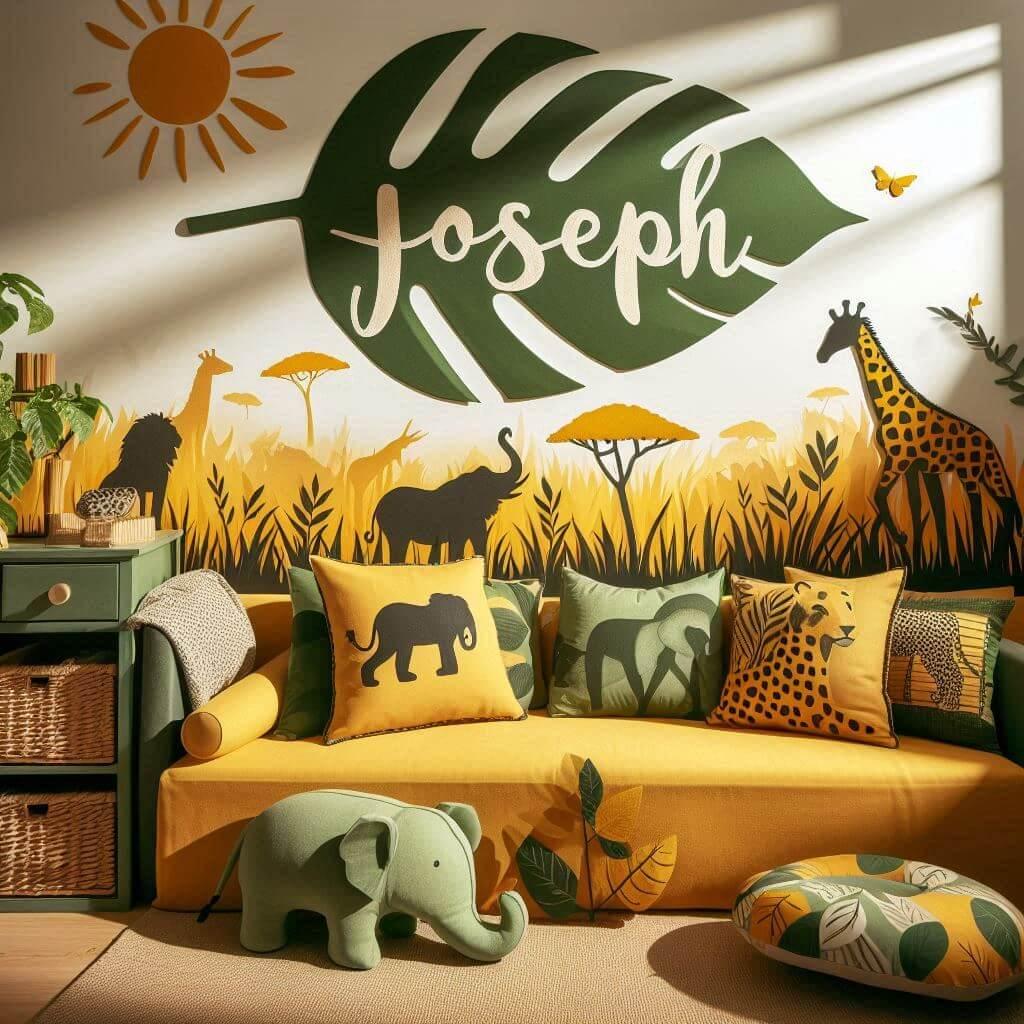 Decoration de chambre animaux de la jungle avec le prenom joseph