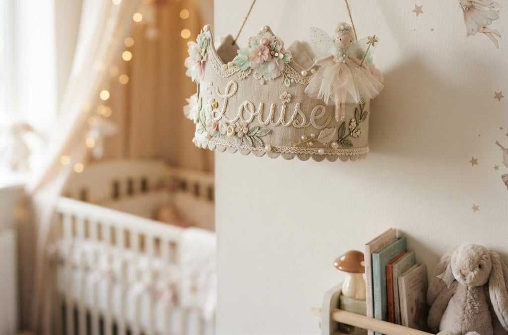 Decoration de chambre bebe avec couronne personnalisee louise ambiance douce et feerique