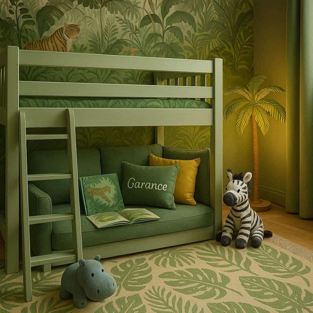 Decoration de chambre d enfant avec un lit mezanine et fauteuil en dessous theme jungle prenom garance