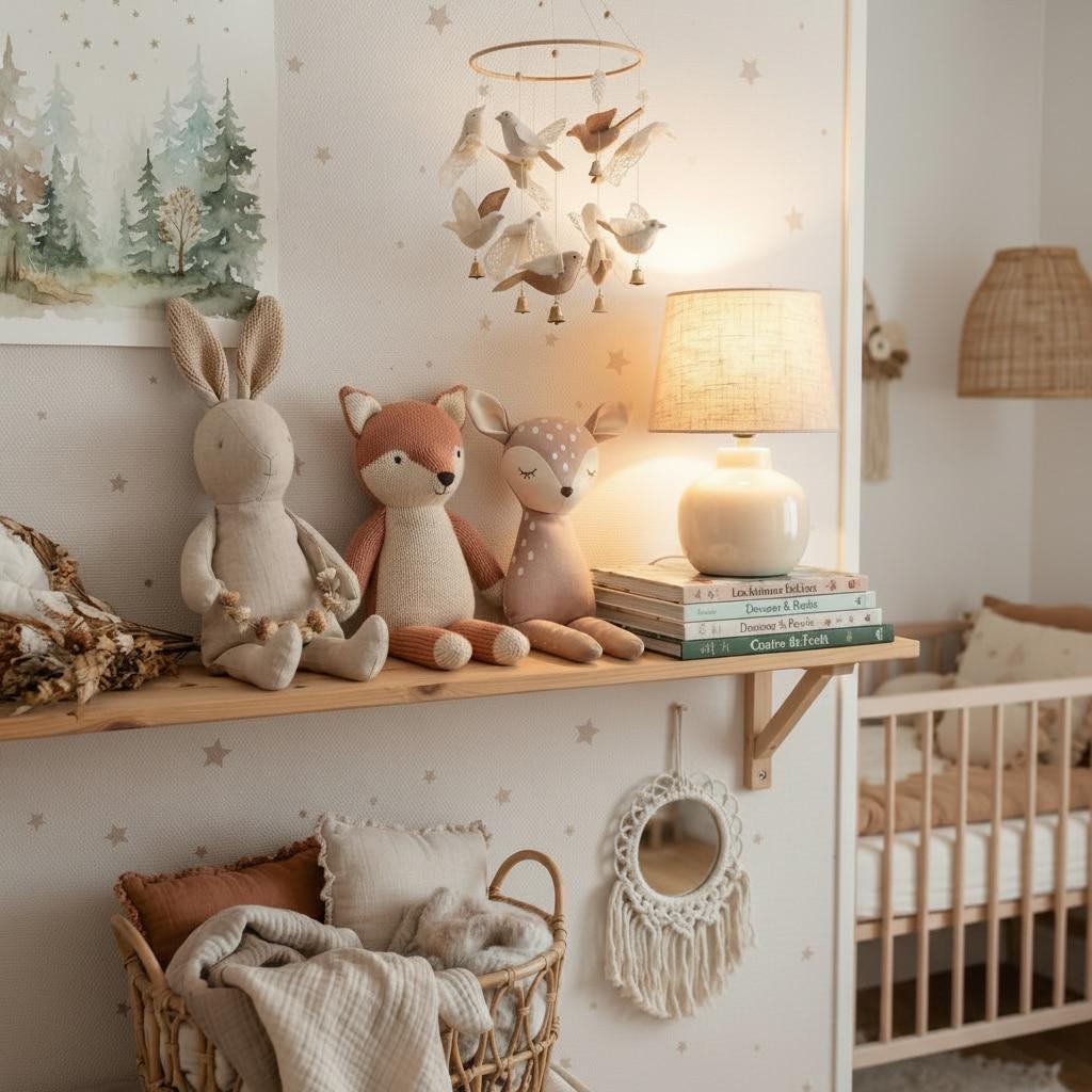 Decoration de chambre d enfant boheme avec peluches de lapin renard et faon mobile d oiseaux et lampe de chevet allumee dans une ambiance douce et poetique