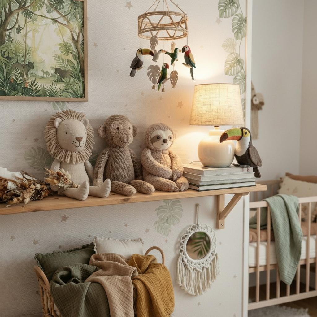 Decoration de chambre d enfant theme jungle avec etagere en bois naturel peluches lion singe et paresseux mobile d oiseaux tropicaux paniers en fibres tressees et textiles en lin e
