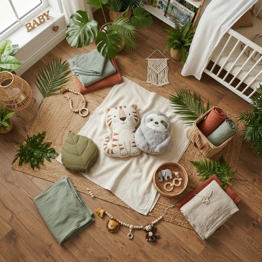 Decoration de chambre d enfant theme jungle composee de coussins animaux en coton tapis en fibres de jute naturelle linge de lit en lin vert et terracotta et accessoires decoratifs