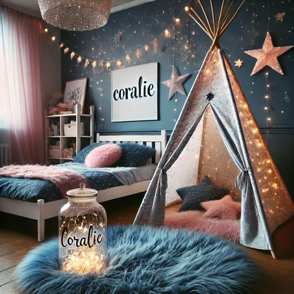 Decoration de chambre de fille sur le theme espace et galaxies avec un lit cabane un tipi couleur bleu nuit rose clair un tapis fourure bleu nuit guirlande lumineuse bocal en verre