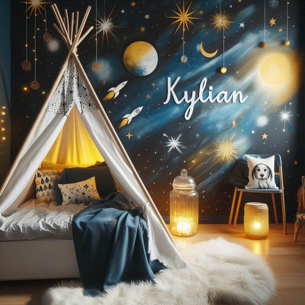 Decoration de chambre de garcon sur le theme espace et galaxies avec un lit cabane et un tipi prenom kylian