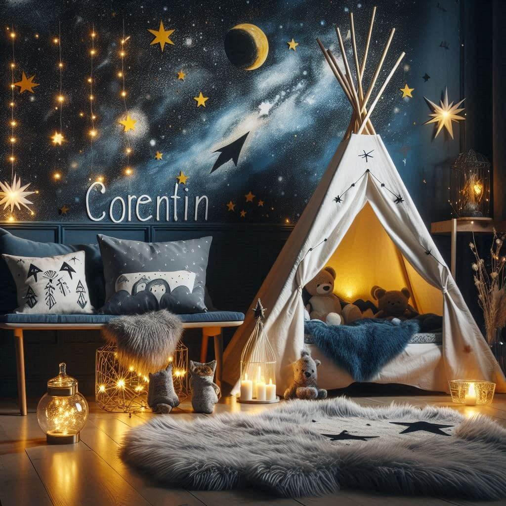 Decoration de chambre de garcon sur le theme espace et galaxies avec un lit cabane un tipi couleur bleu nuit jaune clair un tapis fourure bleu nuit bocal en verre avec une guirland