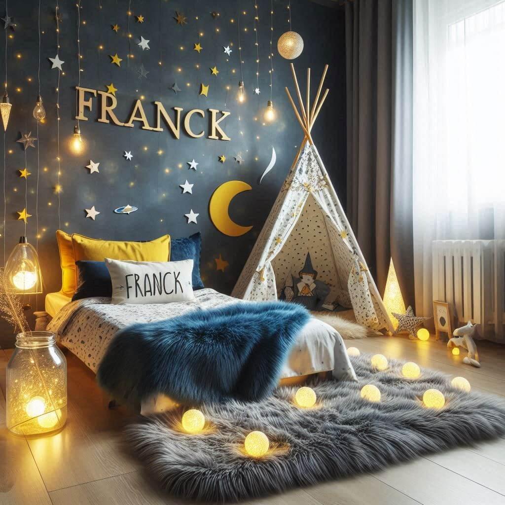 Decoration de chambre de garcon sur le theme espace et galaxies avec un lit cabane un tipi couleur bleu nuit jaune clair un tapis fourure bleu nuit bocal en verre avec une guirland