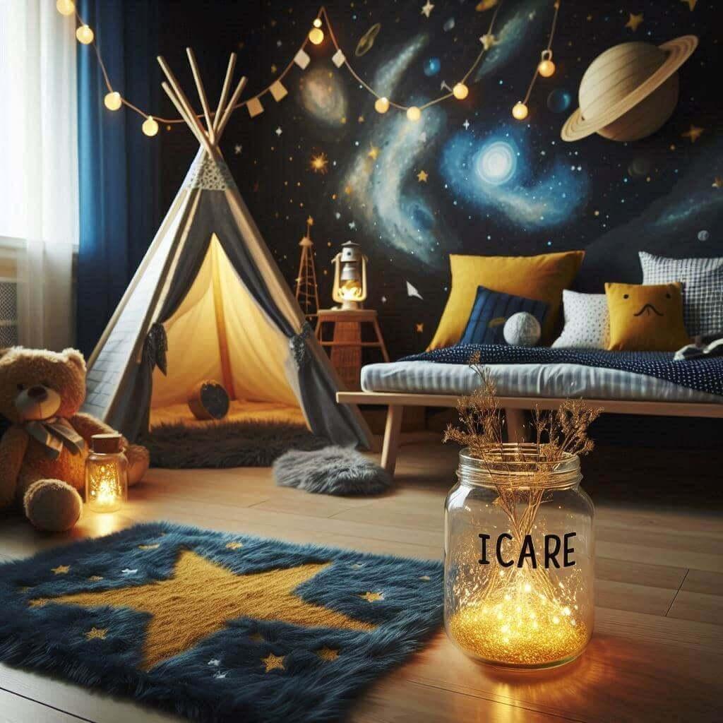 Decoration de chambre de garcon sur le theme espace et galaxies avec un lit cabane un tipi couleur bleu nuit jaune, personnalisée avec le prenom icare