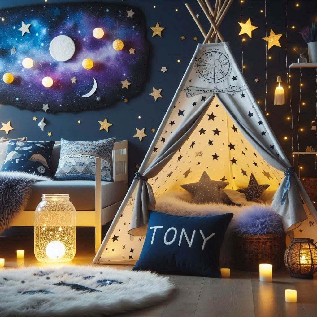 Decoration de chambre de garcon sur le theme espace et galaxies avec un lit cabane un tipi couleur bleu nuit violet jaune clair un tapis fourure bleu nuit bocal en verre avec une g