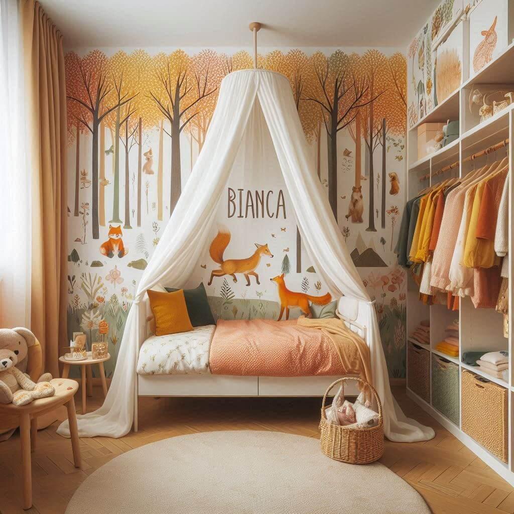 image réaliste d'une chambre de petite fille prénom bianca, theme renard, couleurs automnes