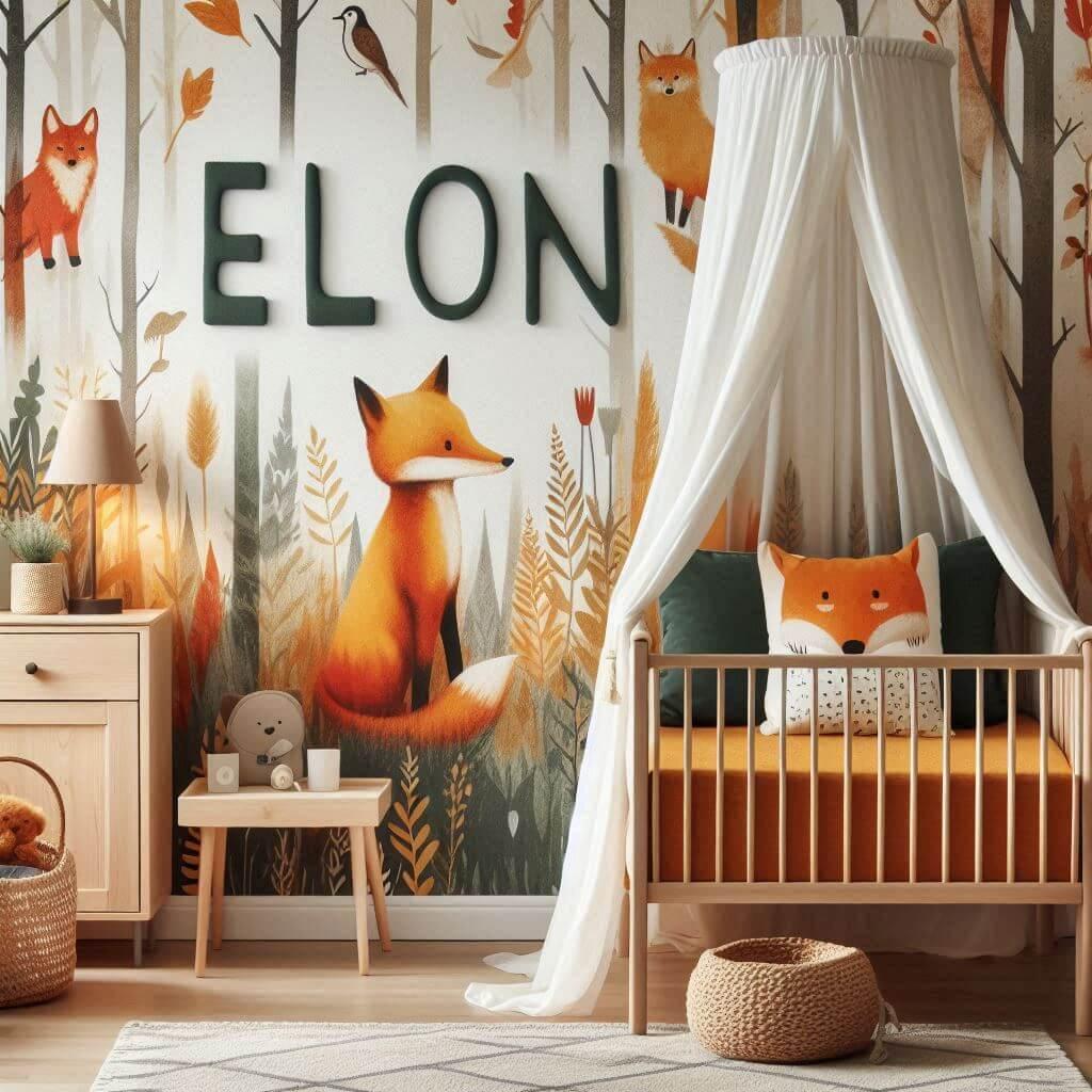 Decoration de chambre de petit garcon avec le prenom elon ecrit sur un coussin avec un lit simple papier peint delave theme animaux de la foret poetique ciel de lit couleur orange